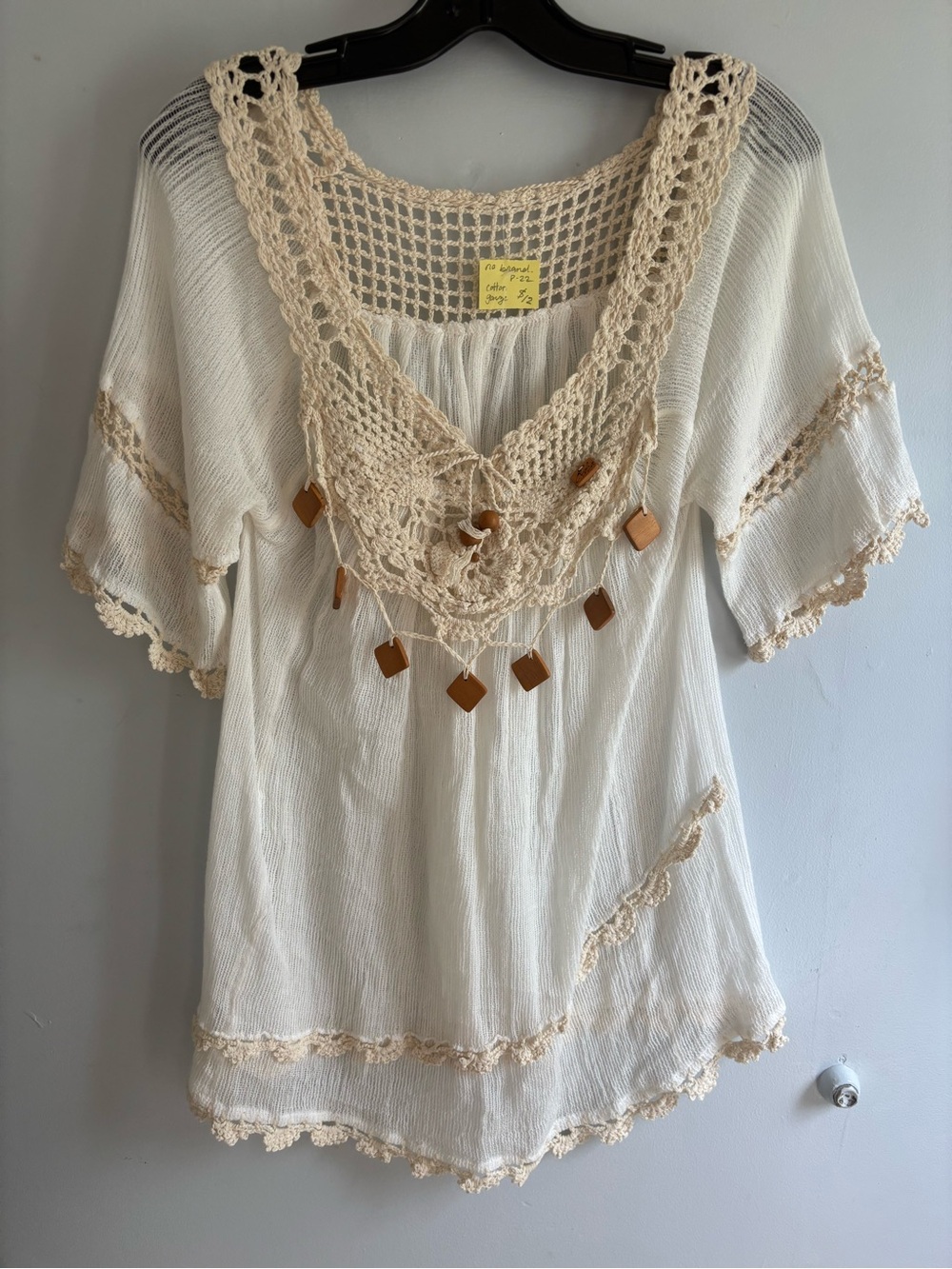 Ivory Crochet-Trim Women's Blouse with Wooden Accents
